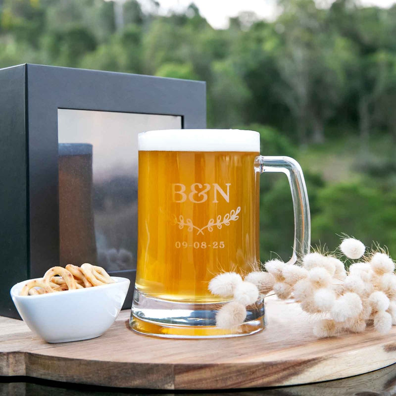 Customised Artwork Engraved Bride Groom Wedding Monogrammed Beer Mug 500ml