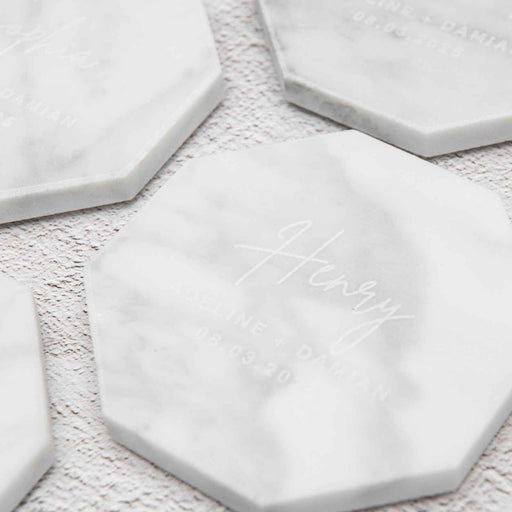 Personalised Engraved White Octagonal Marble Coaster Wedding Place Card Favours