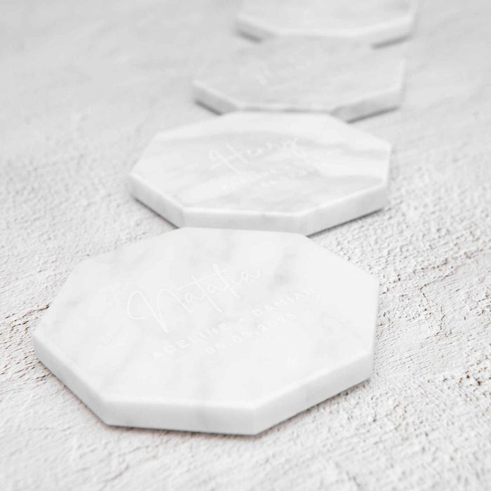 Engraved White Octagonal Marble Coaster Wedding Place Card
