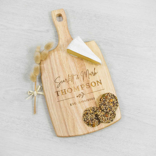 Personalised engraved Mr & Mrs Surname Bride and Groom wedding cheese chopping paddle board gift