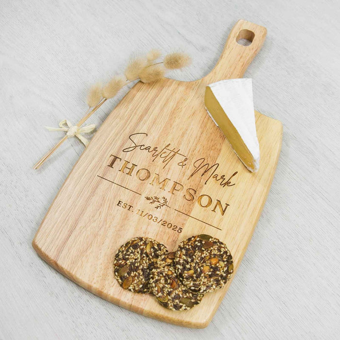 Custom Designed engraved Mr & Mrs Last Name Bride and Groom wedding cheese chopping paddle board gift