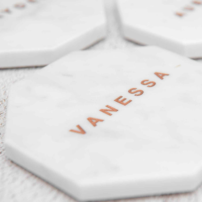 Customised Engraved White Octagonal Marble Coaster with Metallic Rose Gold In-fill Wedding Place Card Bomboniere
