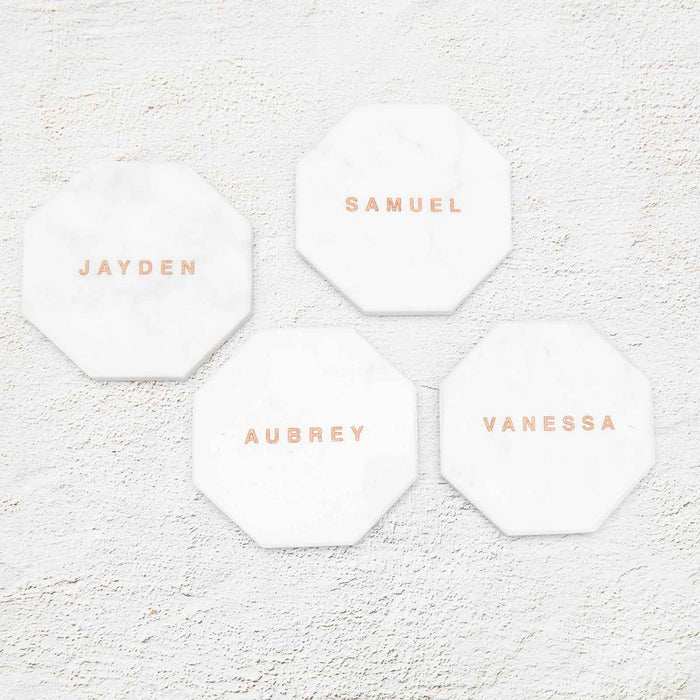 Custom Designed Engraved White Octagonal Marble Coaster with Metallic Rose Gold In-fill Wedding Place Card Bomboniere