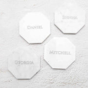 Custom Designed Engraved Silver In Filled Wedding Guest White Marble Hexagonal Place Card Bomboniere