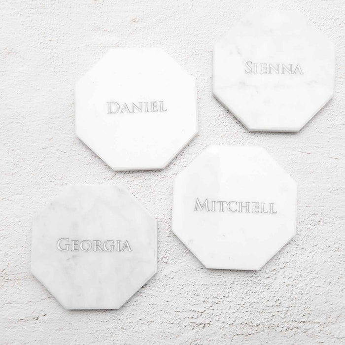 Custom Designed Engraved Silver In Filled Wedding Guest White Marble Hexagonal Place Card Bomboniere