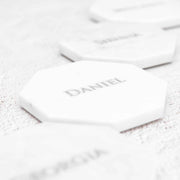 Customised Engraved Silver In Filled Wedding Guest White Marble Hexagonal Place Card Bomboniere