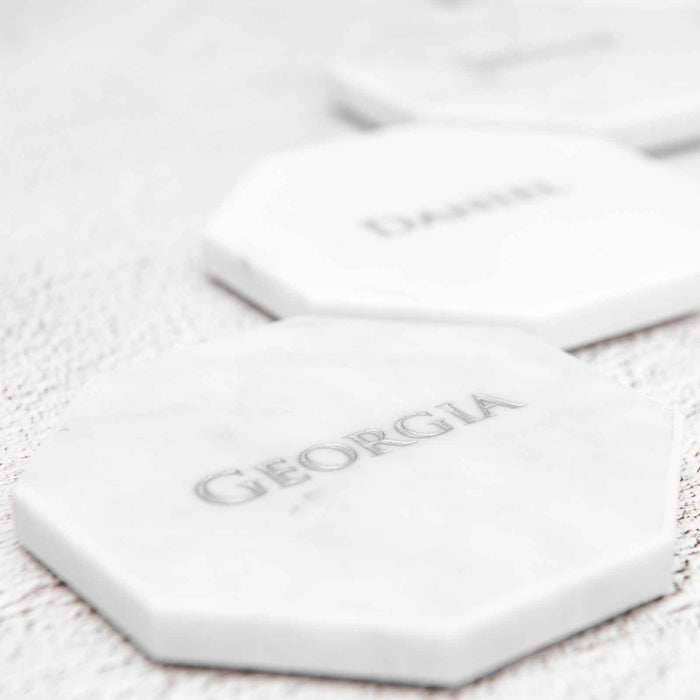 Personalised Engraved Silver In Filled Wedding Guest White Marble Hexagon Place Card Favours
