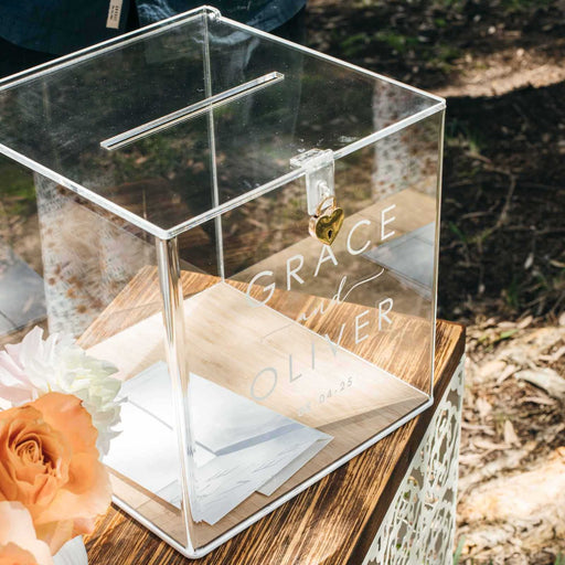 Customised Engraved Bride and Grooms Names Clear Wishing Well Box with Bamboo Base