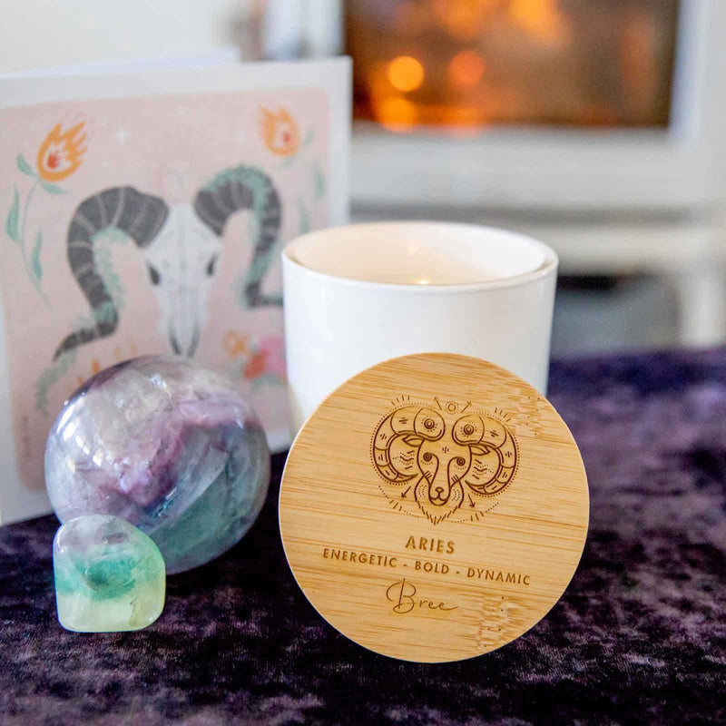 Birthday Custom Artwork Engraved Wooden Lid Zodiac Soy Black Candle with Wood Wick Aries