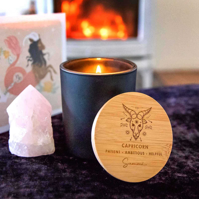 Birthday Customised Engraved Wooden Lid Zodiac Soy Black Candle with Wood Wick Capricorn