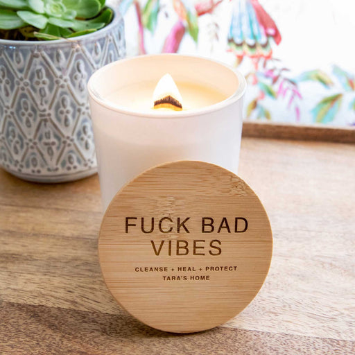 Personalised No Bad Vibes Wood Wick Soy Candle with Engraved Wooden Lid