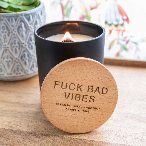 Customised Funny Humorous No Bad Vibes Wood Wick Soy Candle with Engraved Wooden Lid
