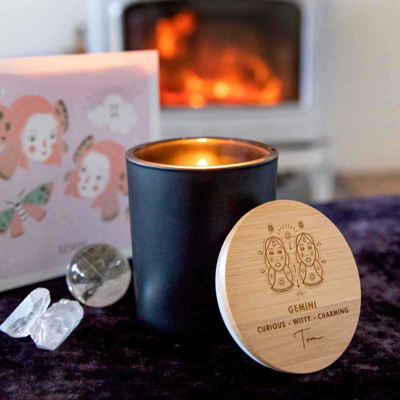 Birthday Custom Artwork Engraved Wooden Lid Zodiac Soy Black Candle with Wood Wick Gemini