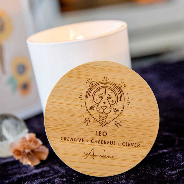 Personalised Engraved Wooden Lid Zodiac Soy Candle Leo with Wood Wick