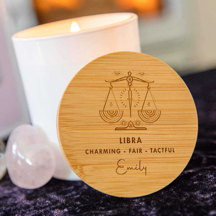 Libra Birthday Personalised Engraved Wooden Lid Zodiac Soy Candle with Wood Wick