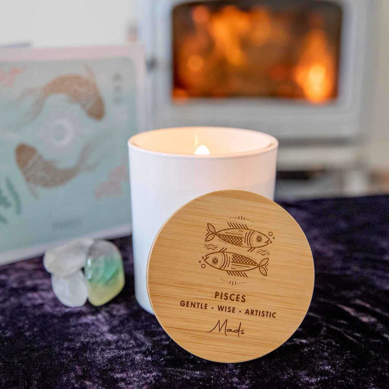 Birthday Custom Artwork Engraved Wooden Lid Zodiac Soy Black Candle with Wood Wick Pisces