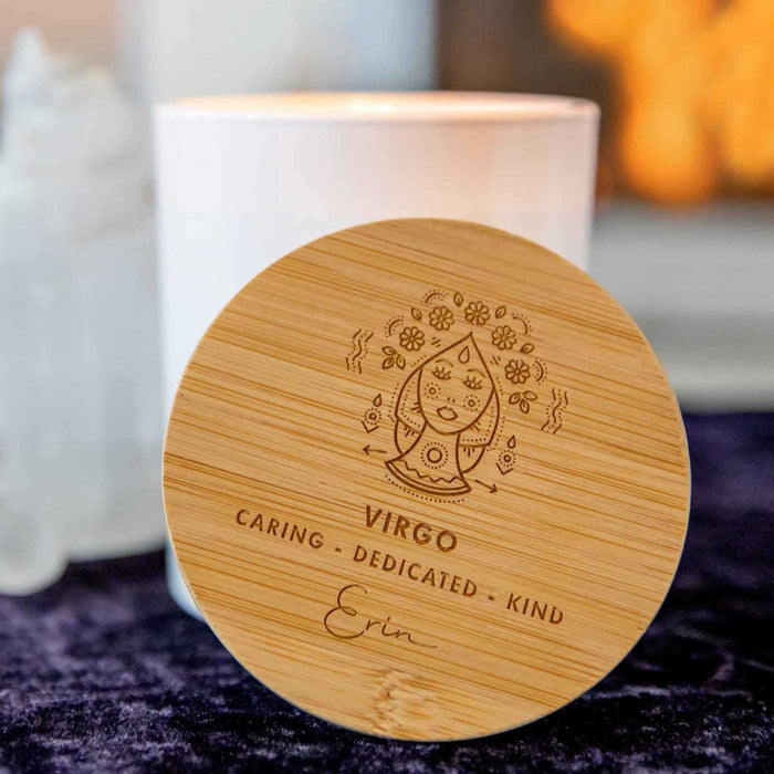 Personalised Engraved Wooden Lid Zodiac Soy Candle Virgo with Wood Wick