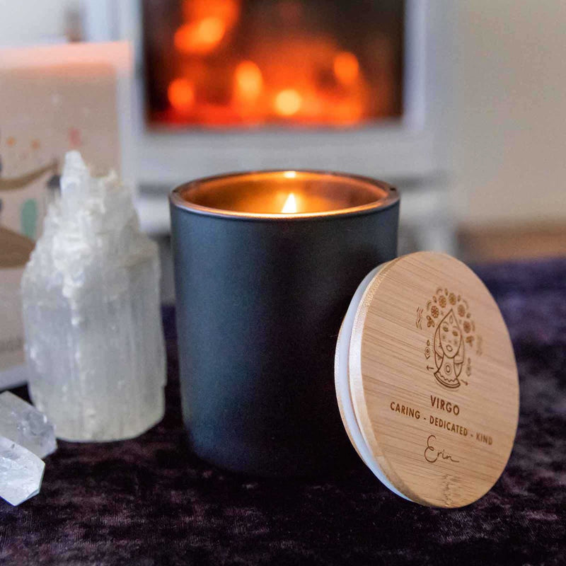 Birthday Customised Engraved Wooden Lid Zodiac Soy Black Candle with Wood Wick Virgo
