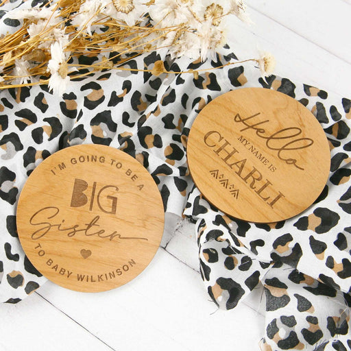 Personalised Laser Cut and Engraved Round Wooden Baby Announcements