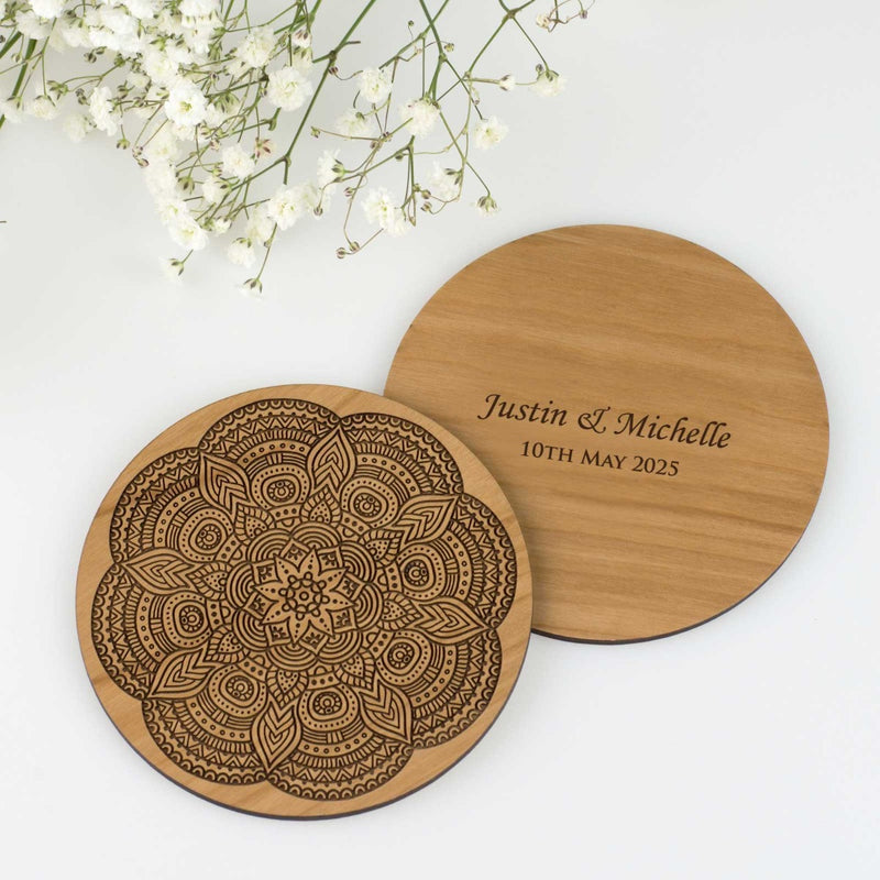 Engraved wooden mandala coaster for wedding