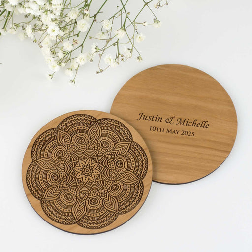 Engraved wooden mandala coaster for wedding