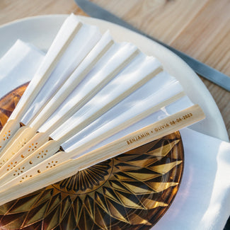 Custom designed engraved white wooden wedding fans for guests