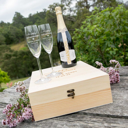 Personalised Engraved Anniversary Champagne Glasses, Champagne and Wooden Presentation Box