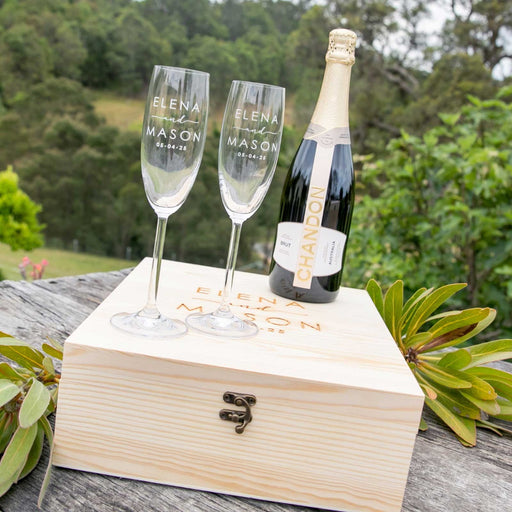 Customised Engraved Champagne Glasses, Wooden Box and Champagne