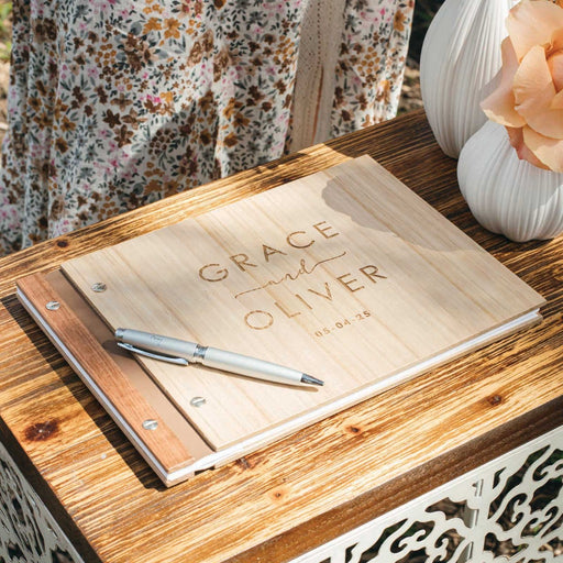Customised Engraved Bride and Groom Name Wooden Wedding Guest Signing Book