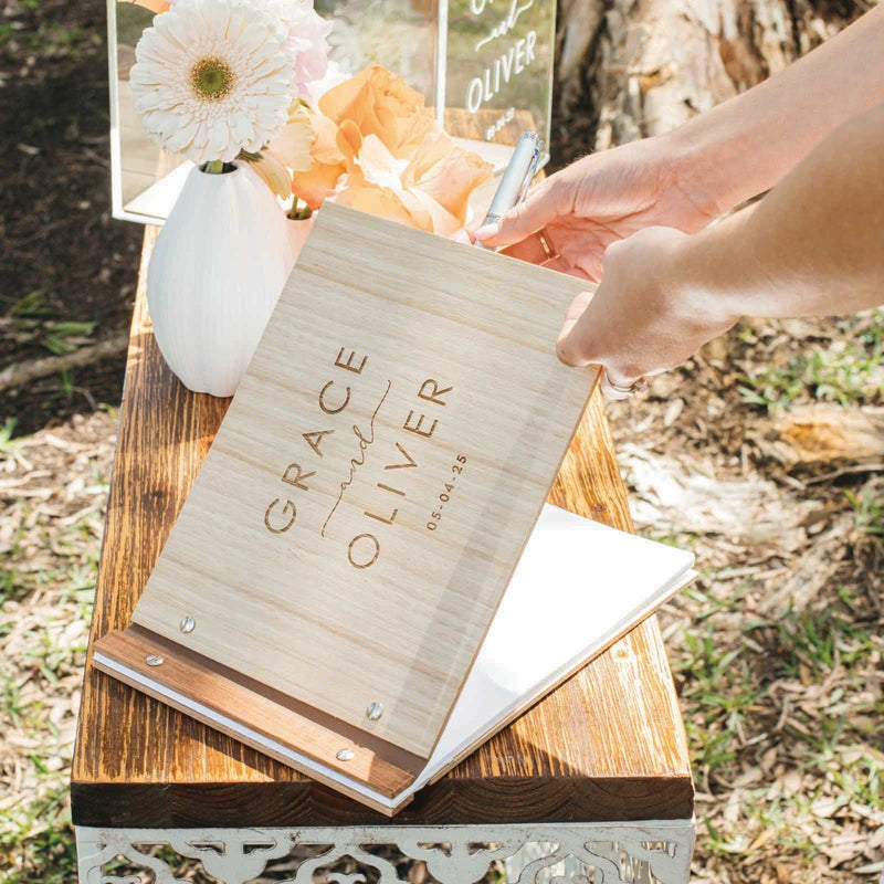 Custom Artwork Engraved Couple's Name Wooden Wedding Guest Book