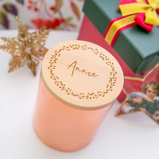 Rose Gold Wood Wick Soy Christmas Candle with Custom Engraved Wooden Lid Secret Santa