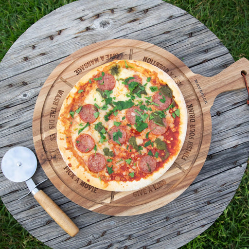 Personalised Engraved Acacia Wood Pizza Board with Pizza Wheel Cutter Birthday Present