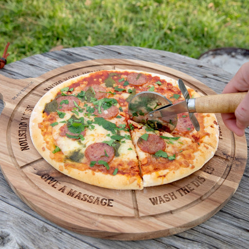 Custom Designed Engraved Acacia Wood Pizza Board with Pizza Wheel Cutter Christmas Present