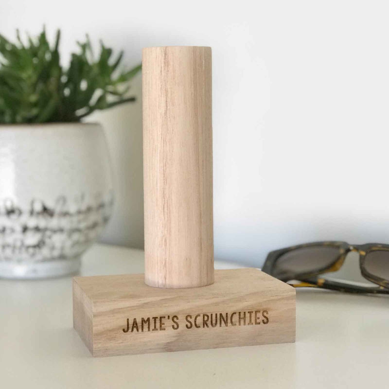 Custom Designed Engraved Tasmanian Oak Wooden Scrunchie Hair Ties Stand