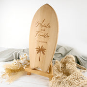 Custom Designed Engraved Wooden Surfboard Wedding Reception Sign