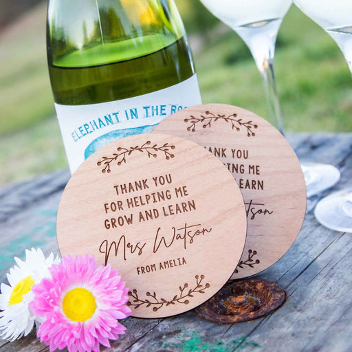 Custom Designed Engraved Teacher's Christmas Round Wooden Coaster Present- "thankyou for helping me grow and learn"