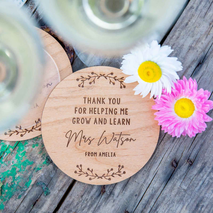 Customised Engraved Teacher's Appreciation Christmas Round Wooden Coaster Gift