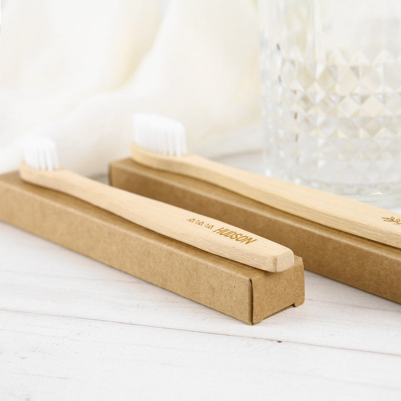 Personalised Name Engraved Wooden Tooth Brush with recyclable Kraft Box