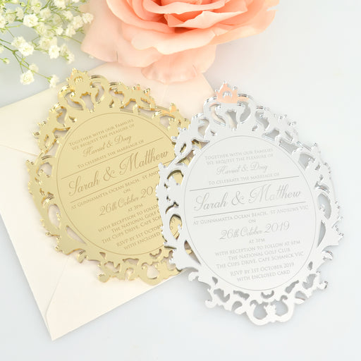 Custom Designed Laser Cut & Engraved Gold & Silver Wedding Invitation
