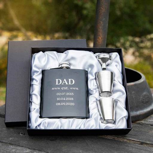 Personalised Engraved Father's Day Black Hip flask with silver shot glass & Funnel Set Present