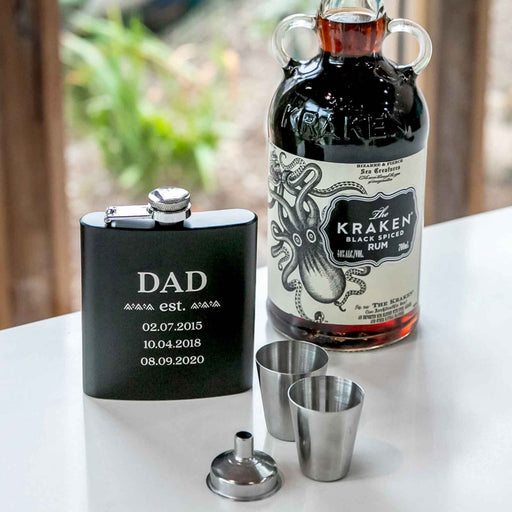 Customised Engraved Black Hip flask & silver shot glass & Funnel Set Father's Day Present