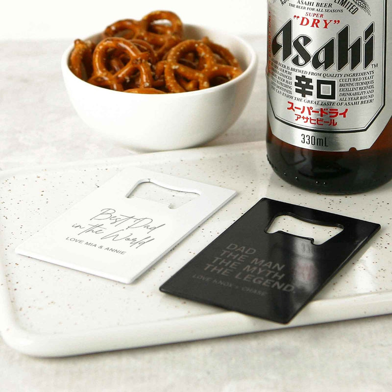 Customised Engraved White and Black Stainless Steel Credit Card Bottle Opener Father's Day Present