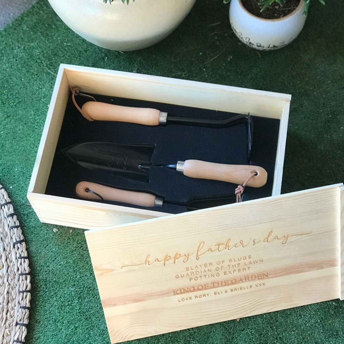 Custom Designed Engraved Father's Day Wooden Storage Box for Stainless Steel Gardening Tool Kit Gift