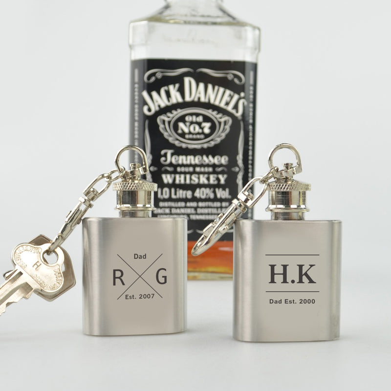 Custom Designed Engraved Father's Day Silver Mini Hip Flask Keyring