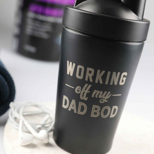 Customised Engraved Father's Day "Working off my Dad Bod" 600ml Stainless Steel Black Protein Shaker Gift