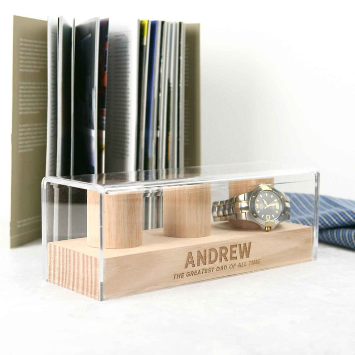Personalised Engraved Father's Day Tasmanian Oak 3 Column Watch Stand