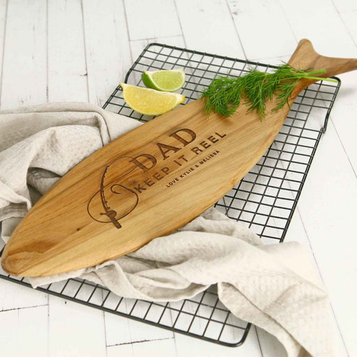 Custom Designed Engraved Father's Day Engraved Fish Shaped Acacia Wooden Cheese Serving Board Gift