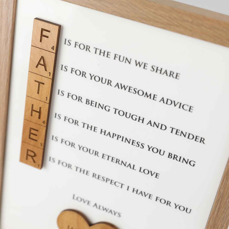 Personalised acrylic print with wooden heart and names for Dad