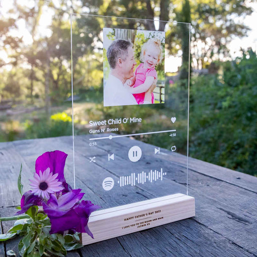 Personalised Printed and Engraved A4 Acrylic Spotify Song Code Plaque with Engraved Wooden Base Father's Day Present