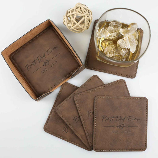 Personalised Engraved Father's Day Brown Leather Set of 6 Coaster and Coaster holder Present
